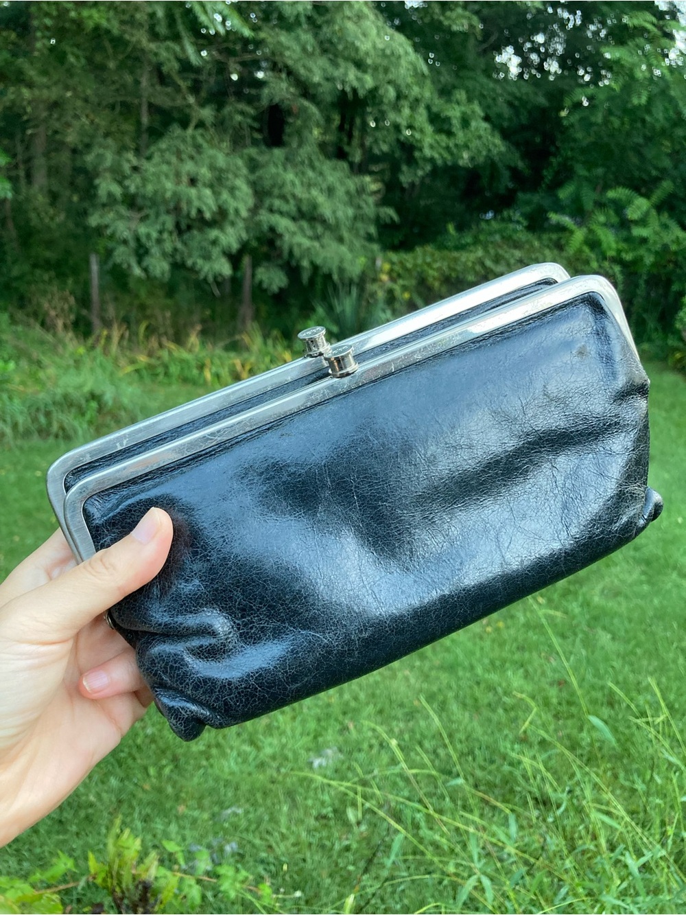 HOBO International Lauren Black Leather Kiss Lock Clutch Wallet Organizer
